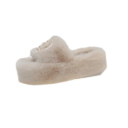 Women's Faux Fur Diamond Metal Buckle Thick-Soled Slippers — Plush Indoor Home Slippers