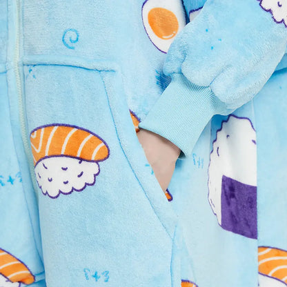 Unisex Ultra Thick Lamb Velvet Pajamas With Hooded Blanket And Zipper For Winter Sleepwear