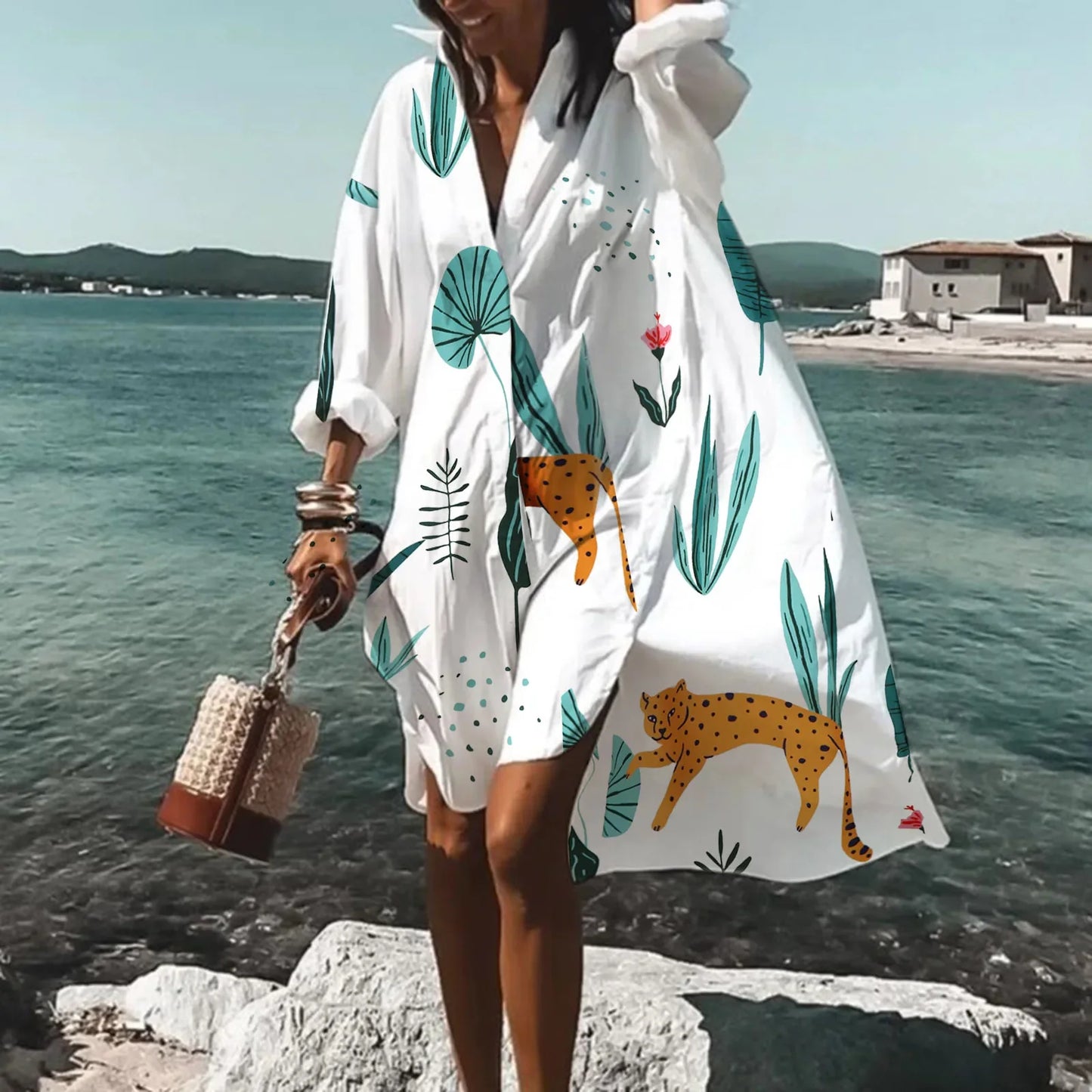 Women's Boho V-Neck Beach Cover-Up with Long Sleeves