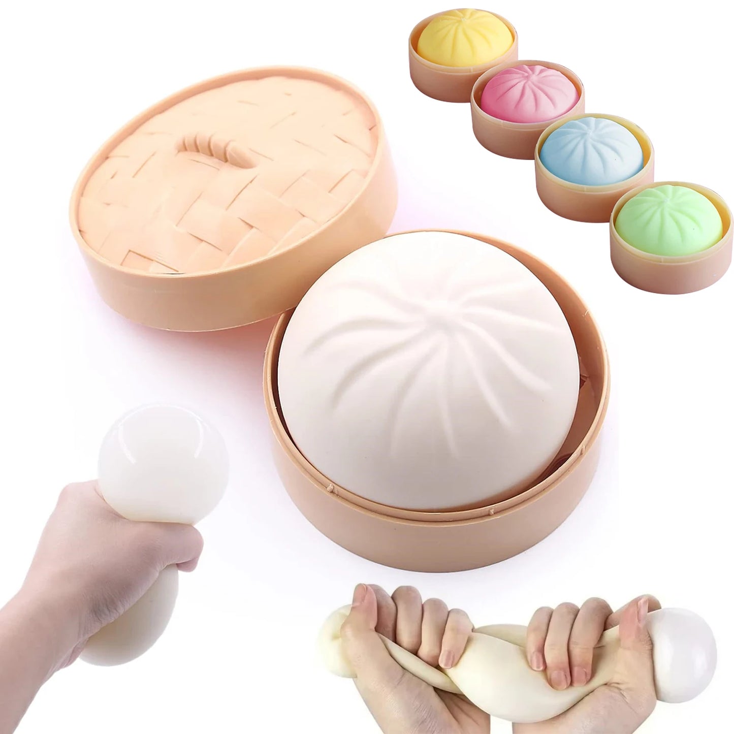 Soft, colorful silicone dumpling and steamed bun squishy fidget toy set for stress relief.