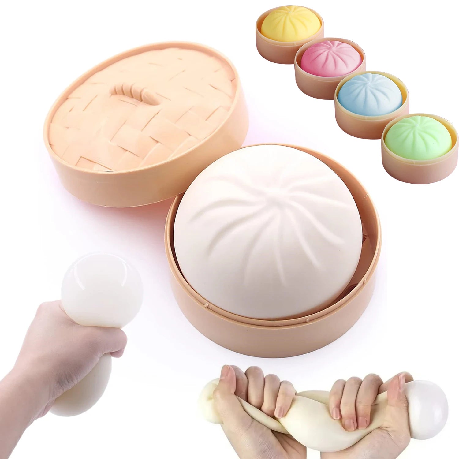 Soft, colorful silicone dumpling and steamed bun squishy fidget toy set for stress relief.