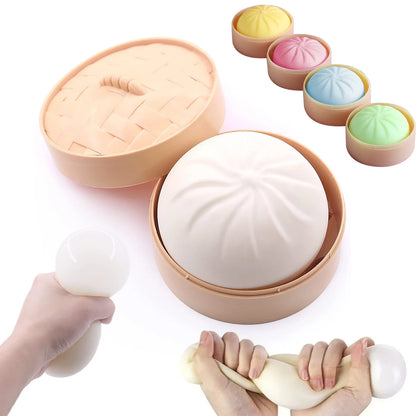 Soft, colorful silicone dumpling and steamed bun squishy fidget toy set for stress relief.
