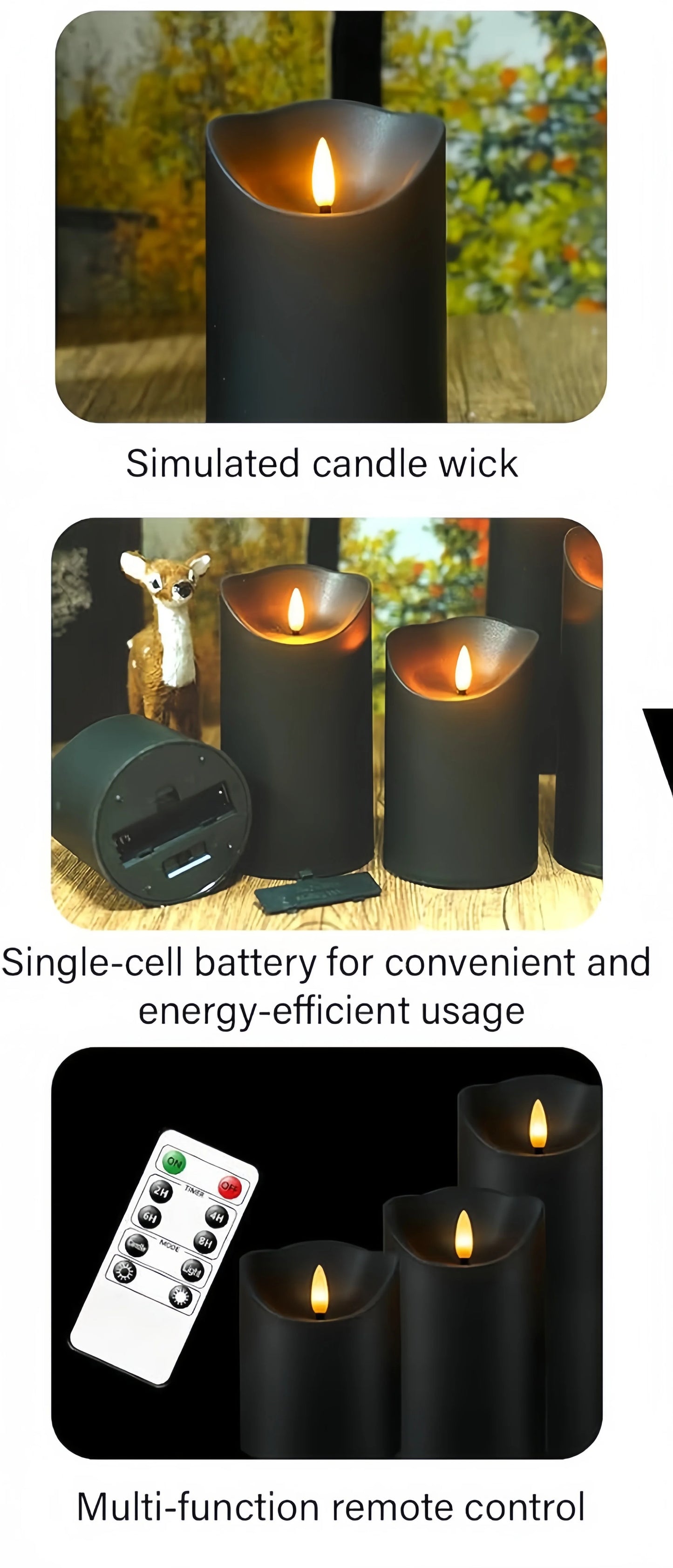 Black 3D Wick Flameless LED Pillar Candles with Remote and Timer