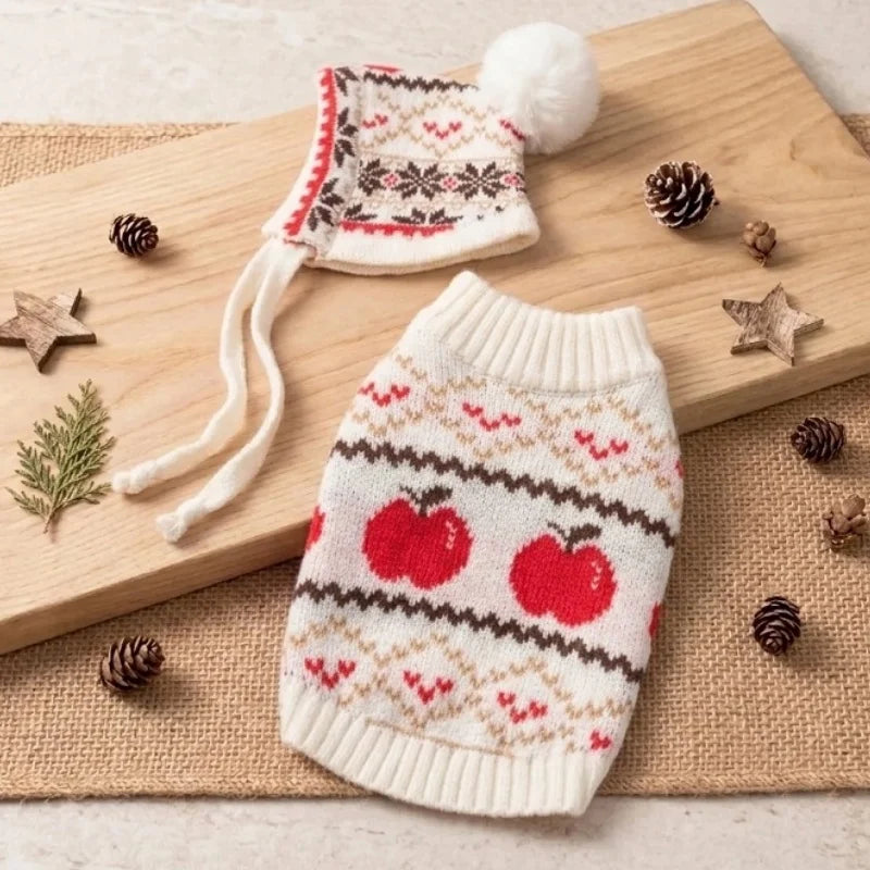 Retro-print dog sweater with optional matching hat set