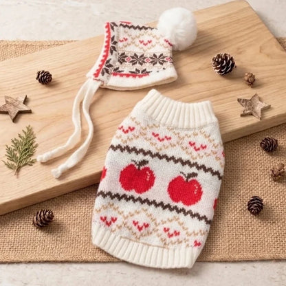 Retro-print dog sweater with optional matching hat set