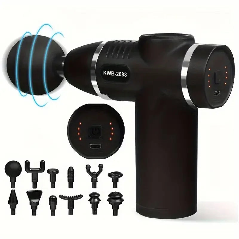 Percussion massage gun with 12 interchangeable heads
