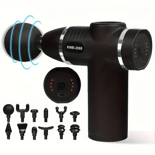 Black percussion massage gun with round head, digital display, and twelve interchangeable attachment heads displayed below.