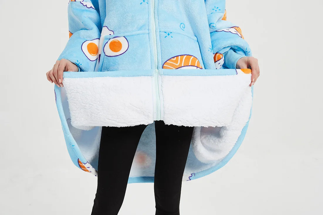 Unisex Ultra Thick Lamb Velvet Pajamas With Hooded Blanket And Zipper For Winter Sleepwear