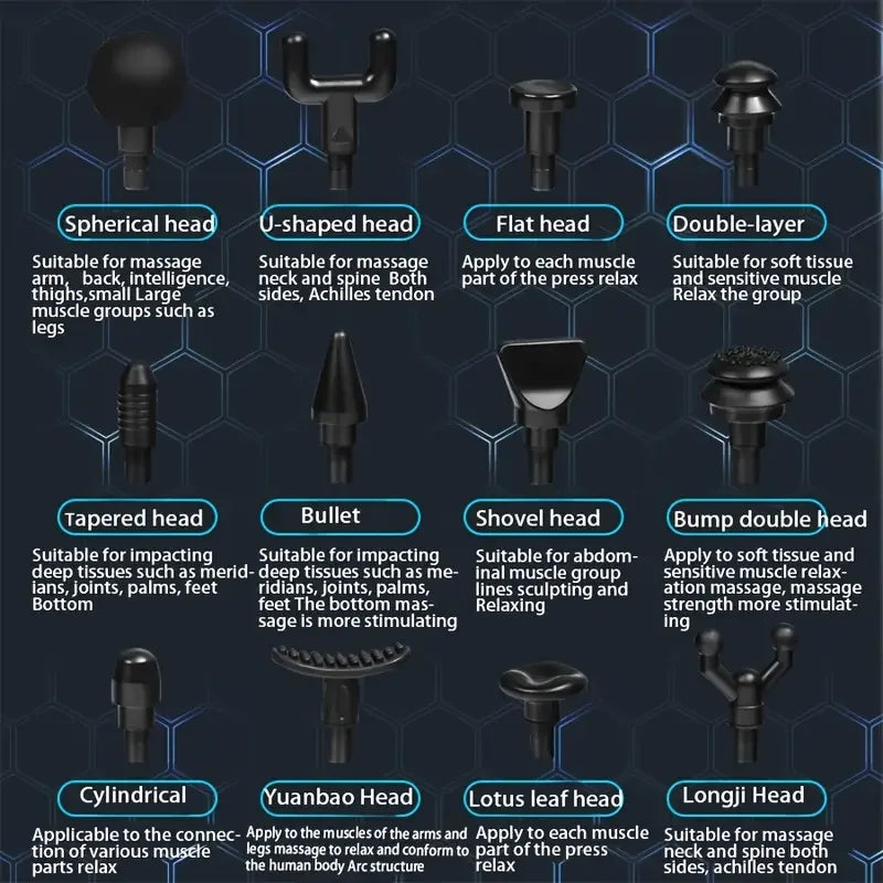 Percussion massage gun with 12 interchangeable heads