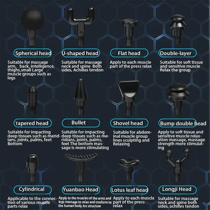 Percussion massage gun with 12 interchangeable heads