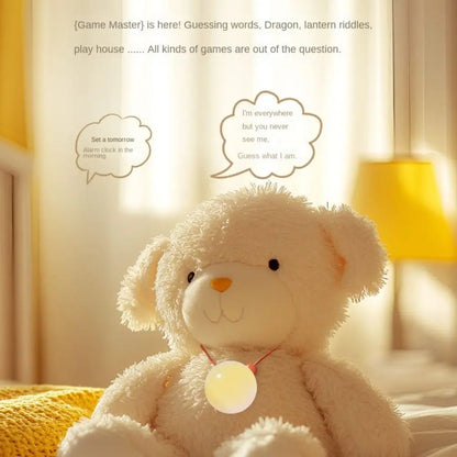 Cream plush bear wearing a glowing plastic language learning robot toy with adaptive conversation for interactive play.