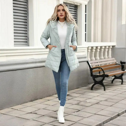 Women's long hooded puffer coat with full zip and pockets