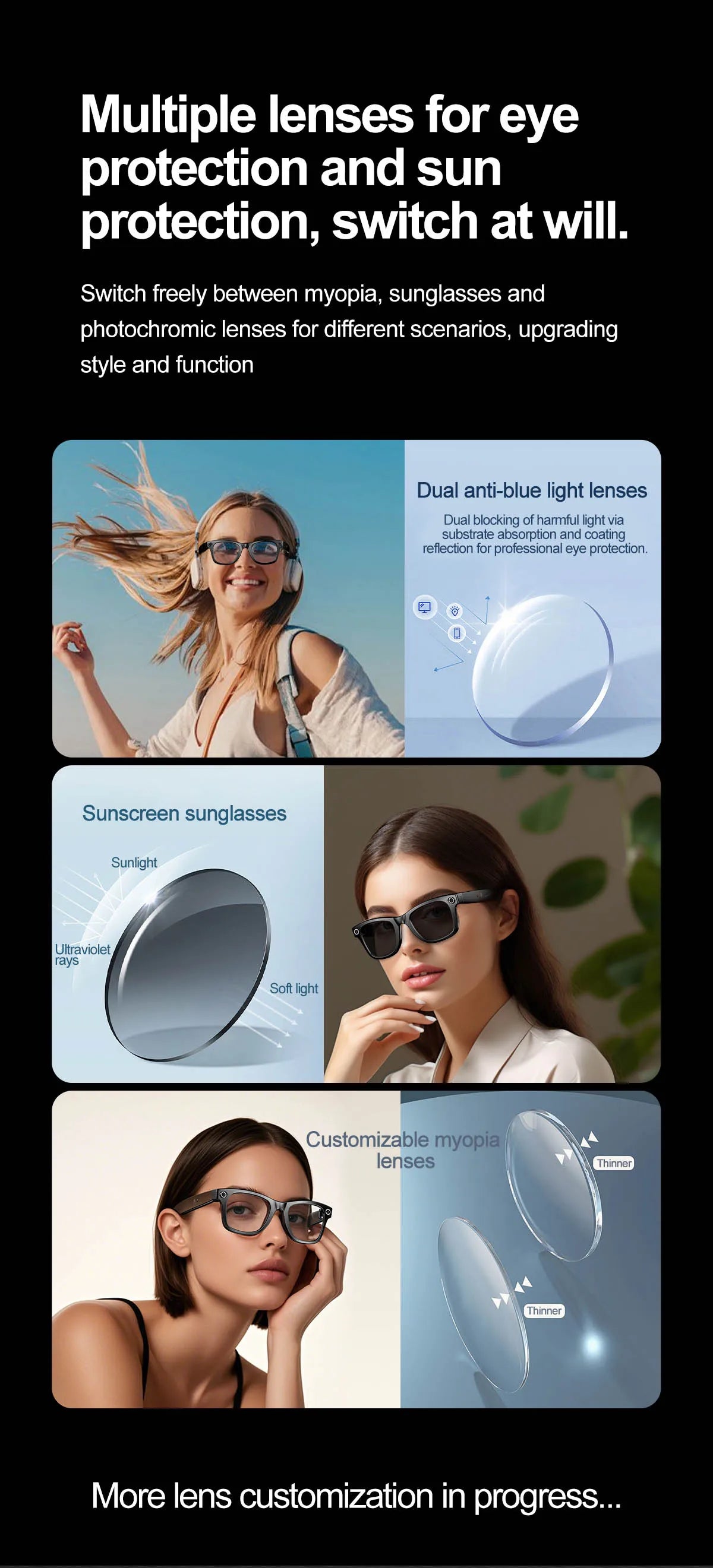 Smart Glasses  Recording Videos AI Photo Recognition Answer Translation 260mAh Large Battery IP65 Waterproof Bluetooth Glasses