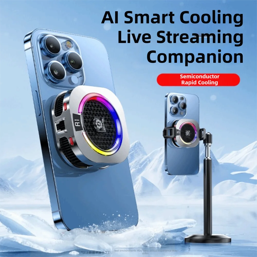 Silver mobile phone cooler with LED ring, AI display, and high-power fan for cooling during live streaming.