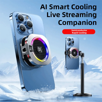 Silver mobile phone cooler with LED ring, AI display, and high-power fan for cooling during live streaming.