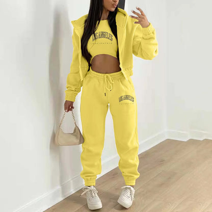 Yellow relaxed knit sweater set with Los Angeles letter print, hoodie, and high waist joggers for loungewear.