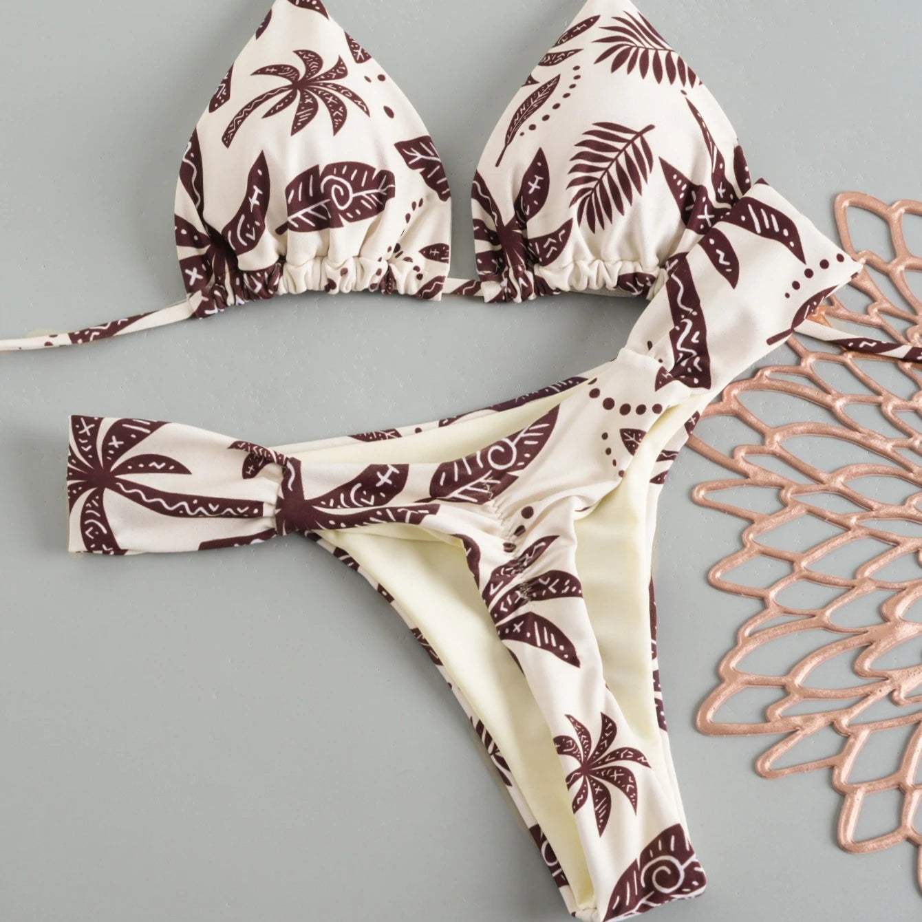 Women's Triangle Lace-Up Bikini Set with Adjustable Straps and Thong Bottom