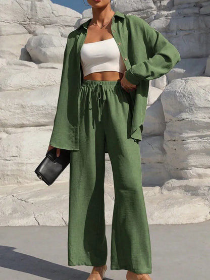 Fashion Solid Set For Women Casual Long Sleeve Turn-down Collar Shirt Tops+High Waist Wide Leg Pants 2 Pieces Sets Lady Clothes