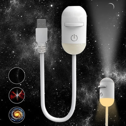White portable LED star projector with USB connector for bedroom galaxy lighting.
