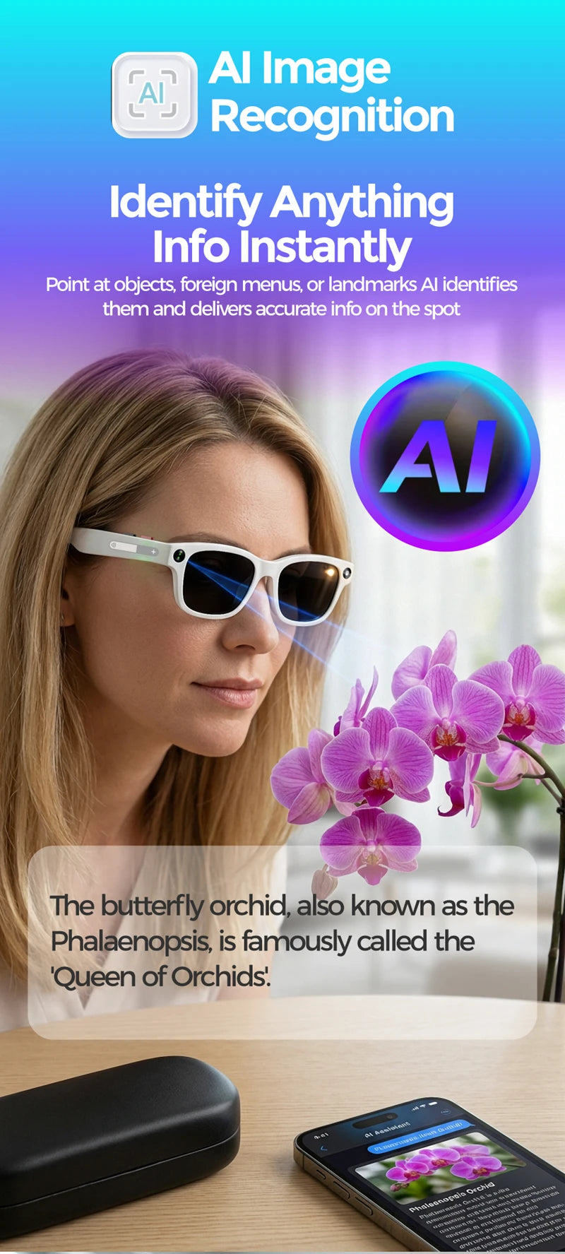 Woman wearing white, lightweight smart wearables with built-in camera to identify flowers in real time.