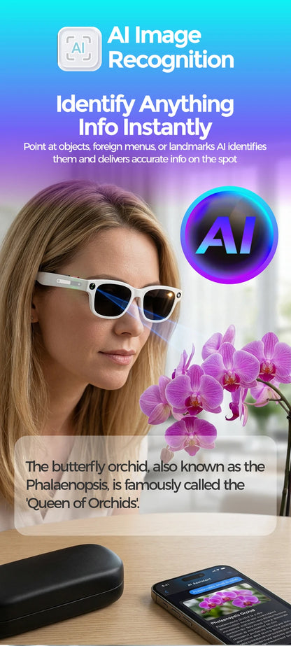 Woman wearing white, lightweight smart wearables with built-in camera to identify flowers in real time.