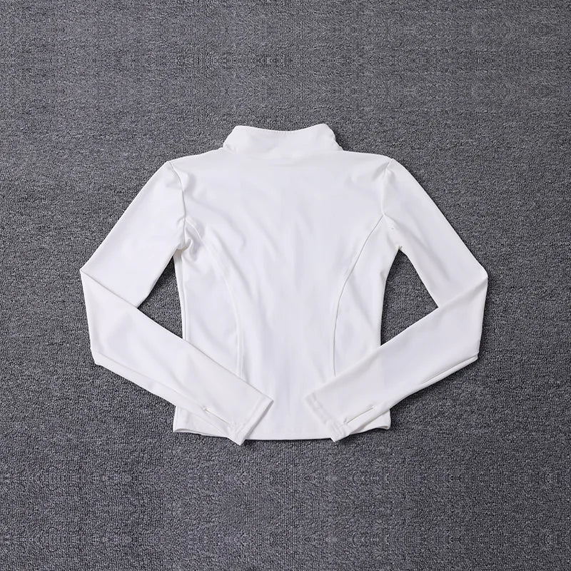 White, long-sleeve, fitted polyester sport jacket with a mock neck for gym training and yoga.
