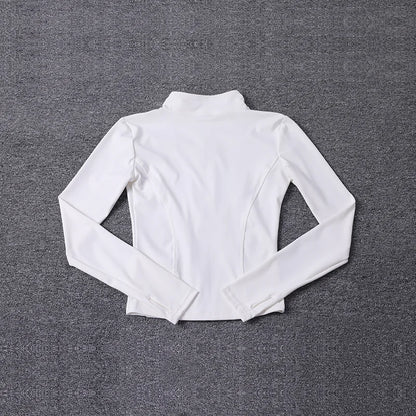 White, long-sleeve, fitted polyester sport jacket with a mock neck for gym training and yoga.