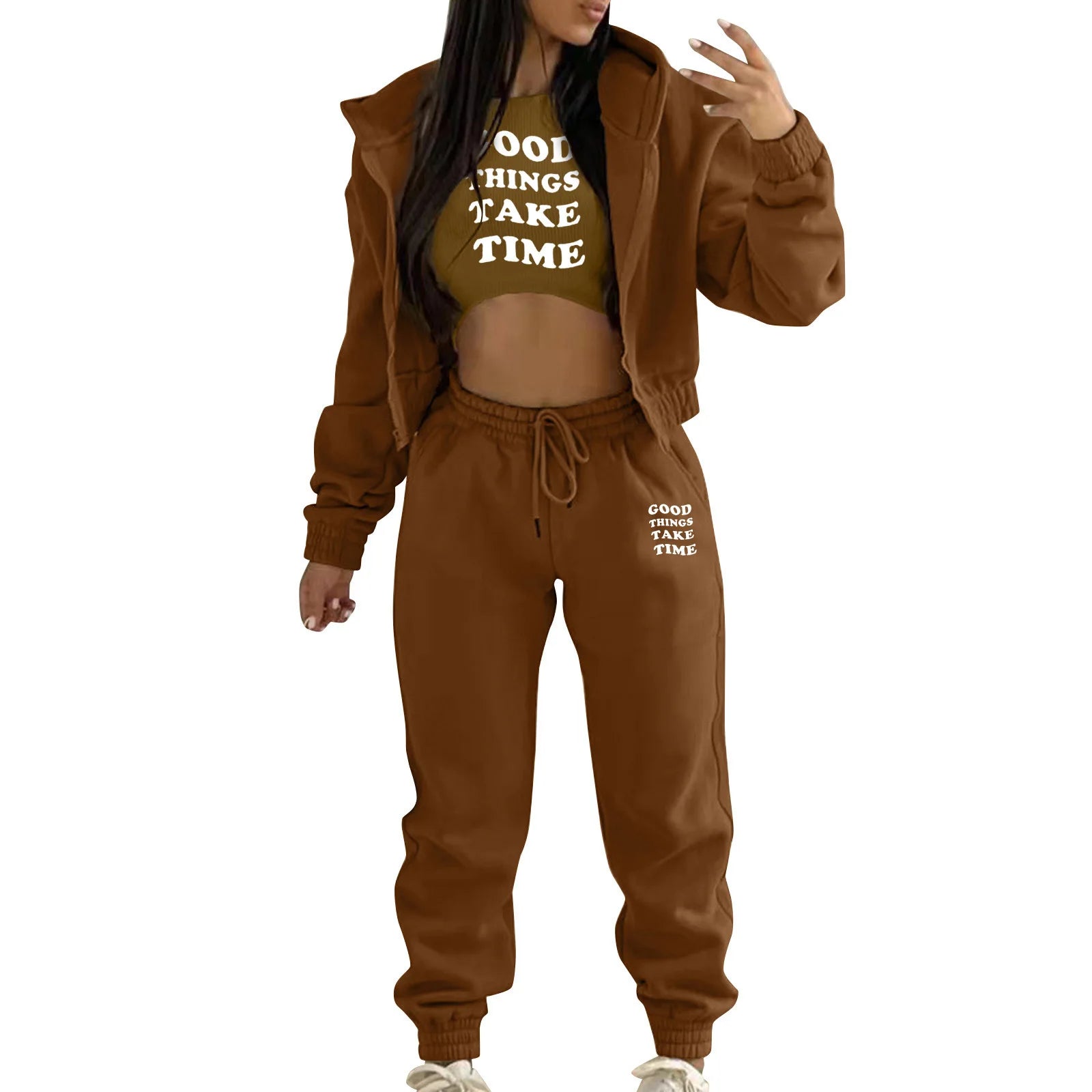 Brown hooded knit sweater set with white letter print, featuring a relaxed fit for cozy lounge wear.