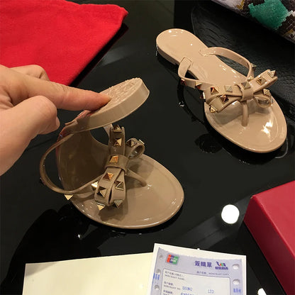 Studded Flat Bot Thong Slippers Holiday Beach Sandals Women's Jelly Slip-On oes Comfortable Casual PVC Footwear
