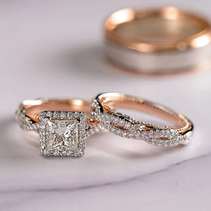 Rose Gold Zircon Ring Set for Engagement and Wedding Celebrations