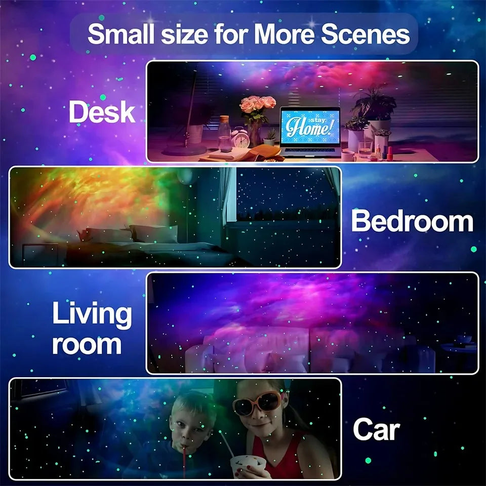 White astronaut LED projector creating colorful galaxy patterns in a bedroom, living room, and car interior.