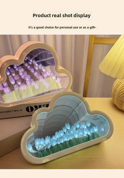 Cloud-shaped LED night light with mirrored purple and blue tulip flowers for a bedroom desk glow.