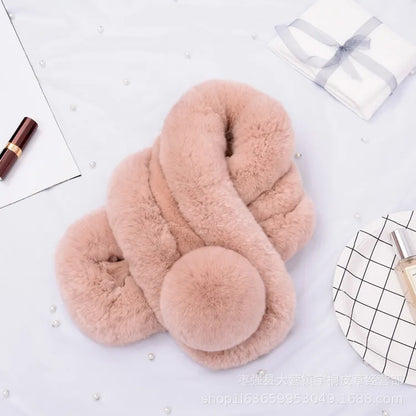 Short pink faux fur scarf with a plush pom-pom accent in a multi-tube twisted style.