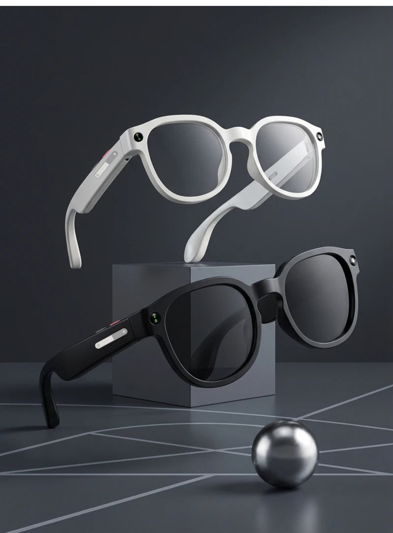 Black and white lightweight smart wearables with built-in cameras for real-time translation and hands-free travel.