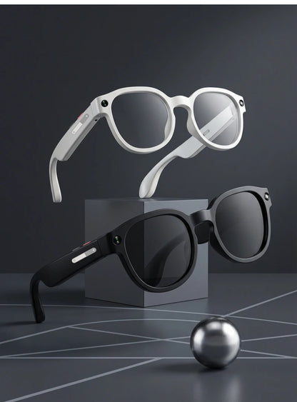 Black and white lightweight smart wearables with built-in cameras for real-time translation and hands-free travel.