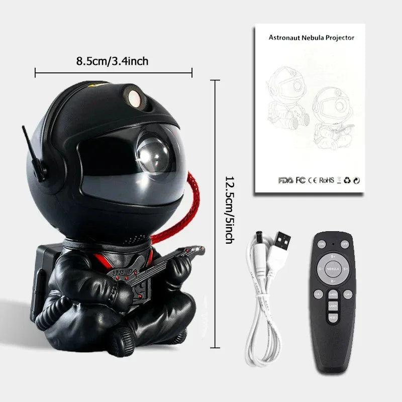 Black astronaut-shaped LED star projector with guitar, remote control, and cable for bedroom ceiling lighting.