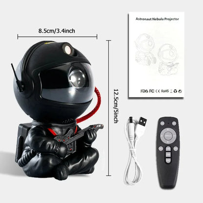 Black astronaut-shaped LED star projector with guitar, remote control, and cable for bedroom ceiling lighting.