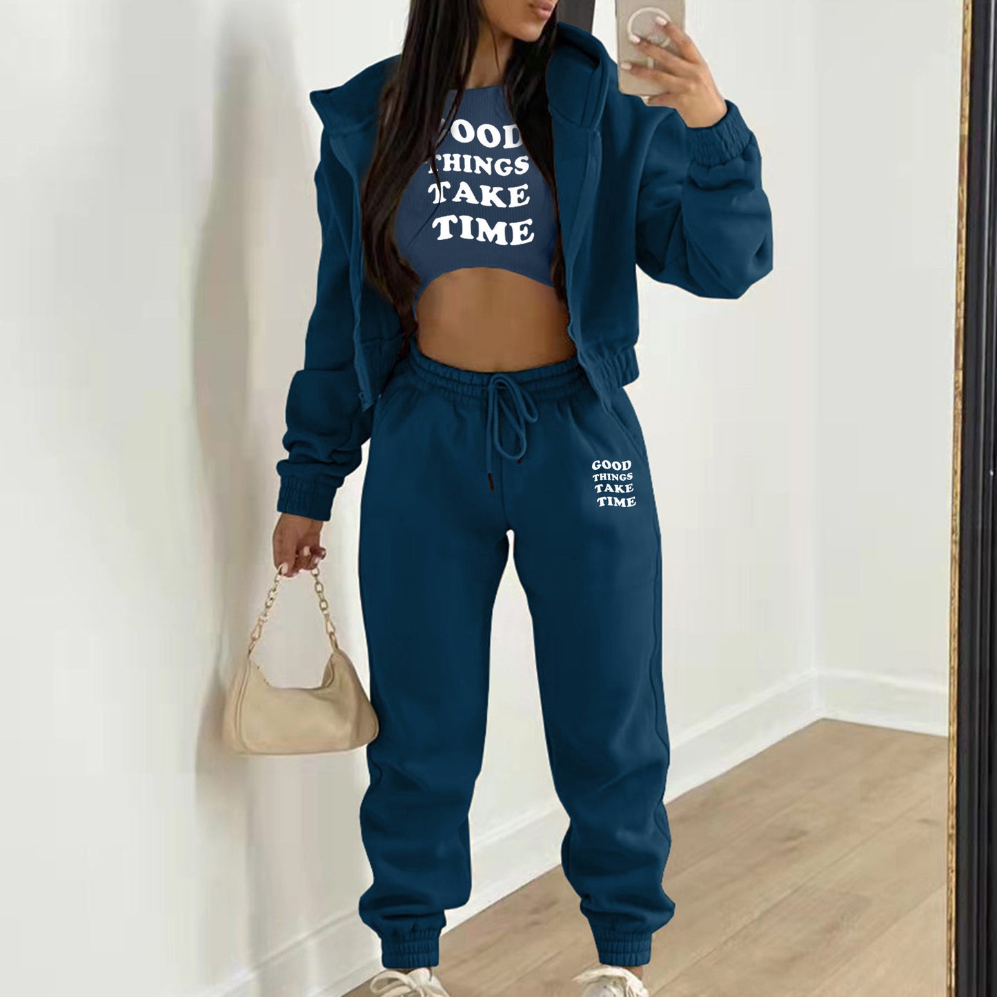 Blue knit hooded sweater set with letter print, relaxed fit, for lounging.