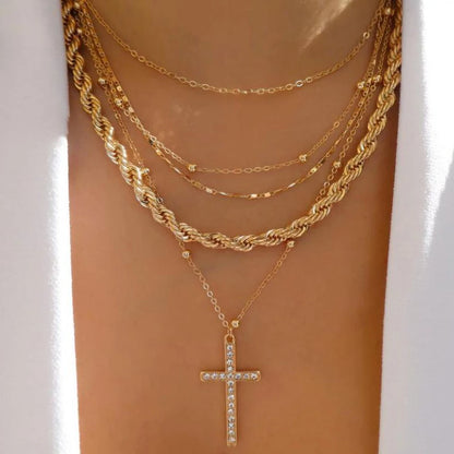 Necklace set layered crystal pendant with rhinestones cross
