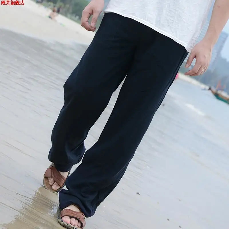 Men's Linen Pants With Wide Leg And Loose Fit With Drawstring Waist For Lightweight Breathable Comfort
