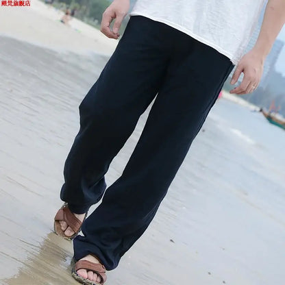 Men's Linen Pants With Wide Leg And Loose Fit With Drawstring Waist For Lightweight Breathable Comfort
