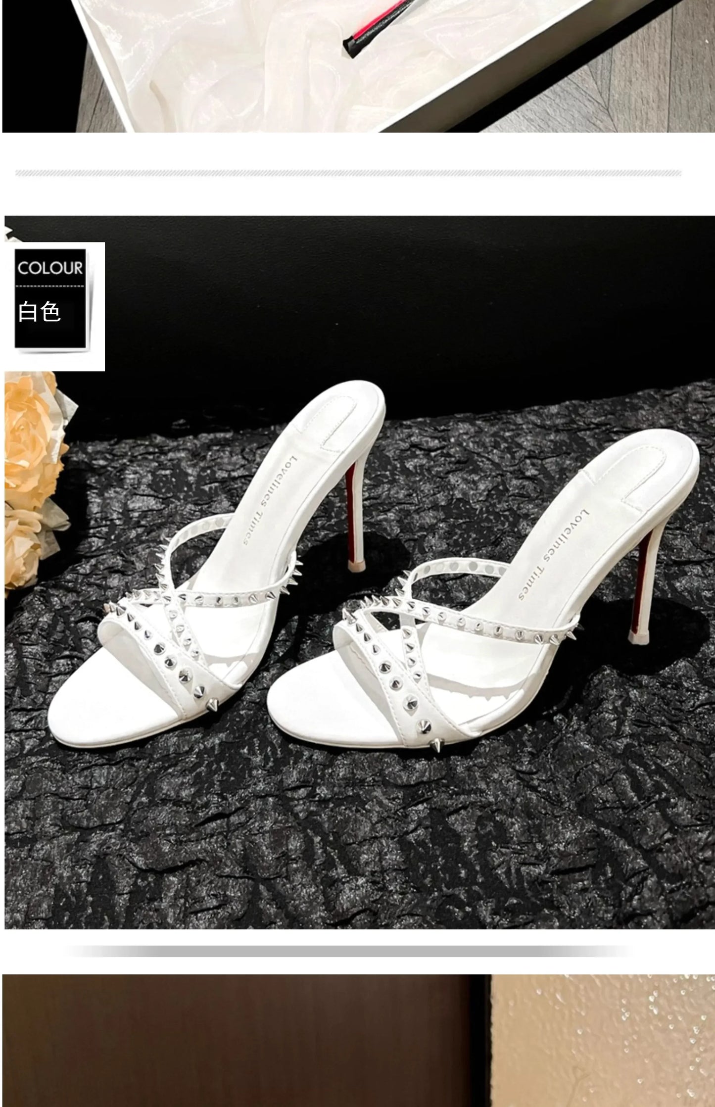 White open toe sandals with silver rivets and slim heels, a strappy design for evening wear.