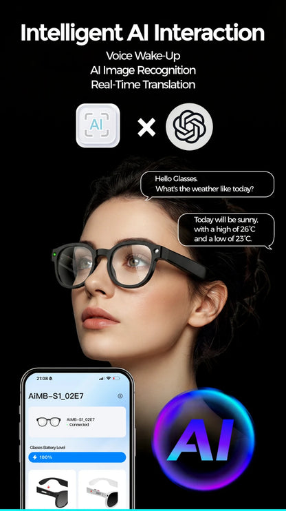 Black lightweight smart wearables with camera and translation features worn for hands-free AI interaction.