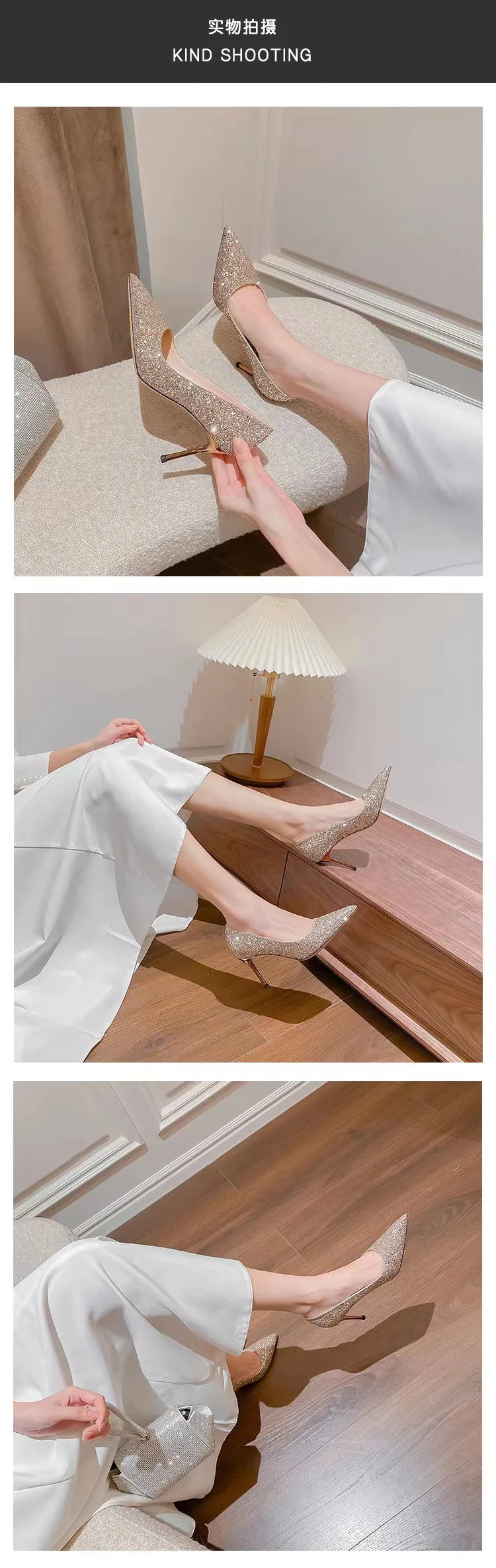 Gold glitter PU pointed-toe slim heel dress shoes for weddings with a cushioned insole for all-day wear.