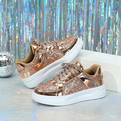 Rose gold sequin lace-up casual sneakers with metallic panels and thick white soles.