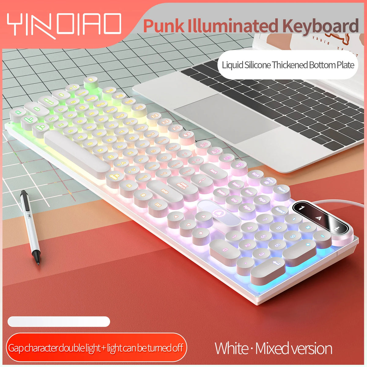 Tech & Electronics mechanical typewriter keyboard with round retro LED backlit keys and illuminated bottom plate