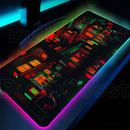 Large RGB LED gaming desk mat with city sunset print
