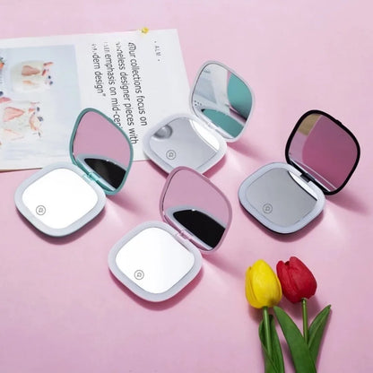 Portable Makeup Mirror with LED Fill Light Pocket Handheld Round Folding USB Charging Adjustable Hairdressing Tri Color Light