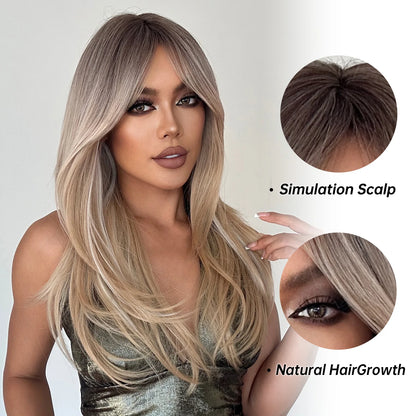ALAN EATON Long Blonde Wigs for Women Synthetic Hair Wig with Fringe Ombre Color with Dark Roots Layered Wigs Heat Resistant