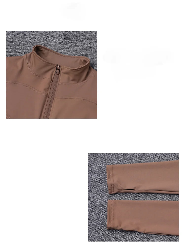 Brown polyester fitted sport jacket with a zip closure and long sleeves for gym training and yoga.